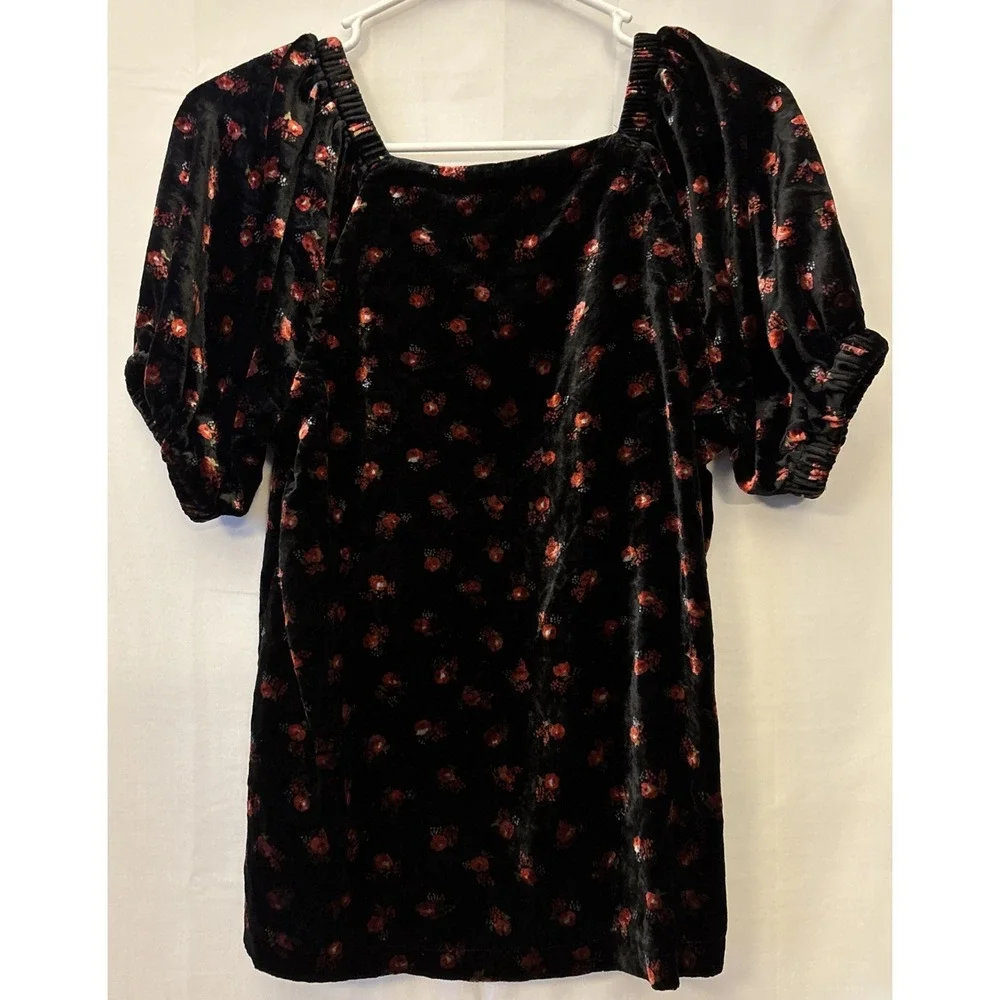 Loft Velvet Top Womens S Floral Whimsigoth‎ Dark Cottagecore Puff Sleeve Goth